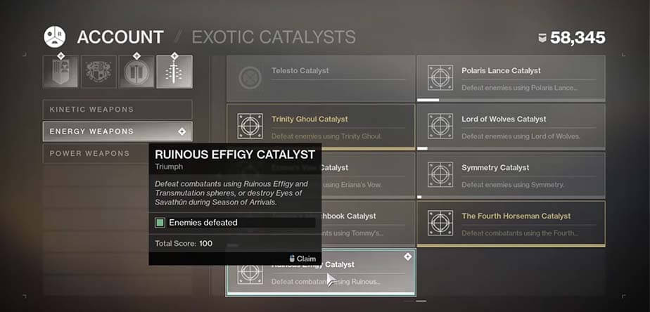 Destiny 2 Ruinous Effigy Exotic Catalyst Trace Rifle