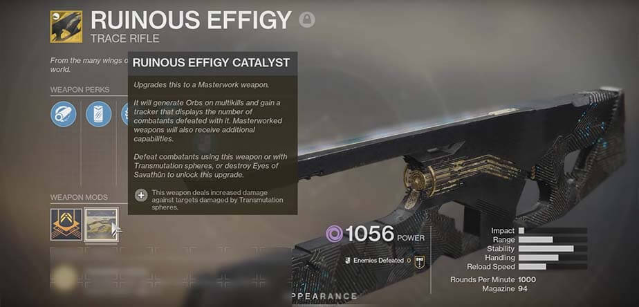 Destiny 2 Ruinous Effigy Exotic Catalyst Trace Rifle