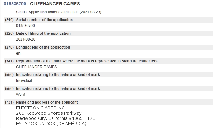 EA Electronic Arts Trademark Cliffhanger Games