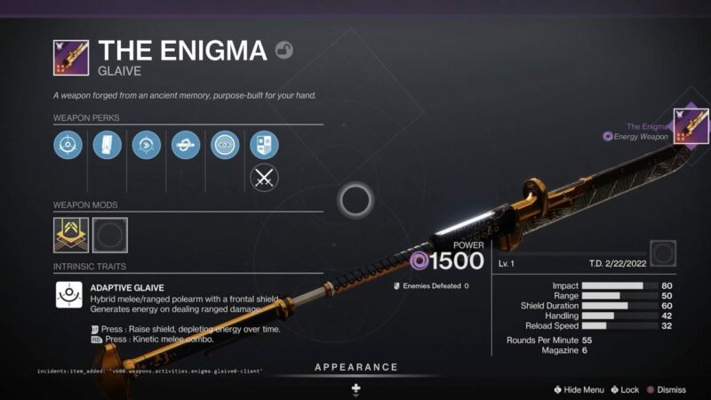 Destiny 2 The Witch Queen Glaive weapon The Enigma