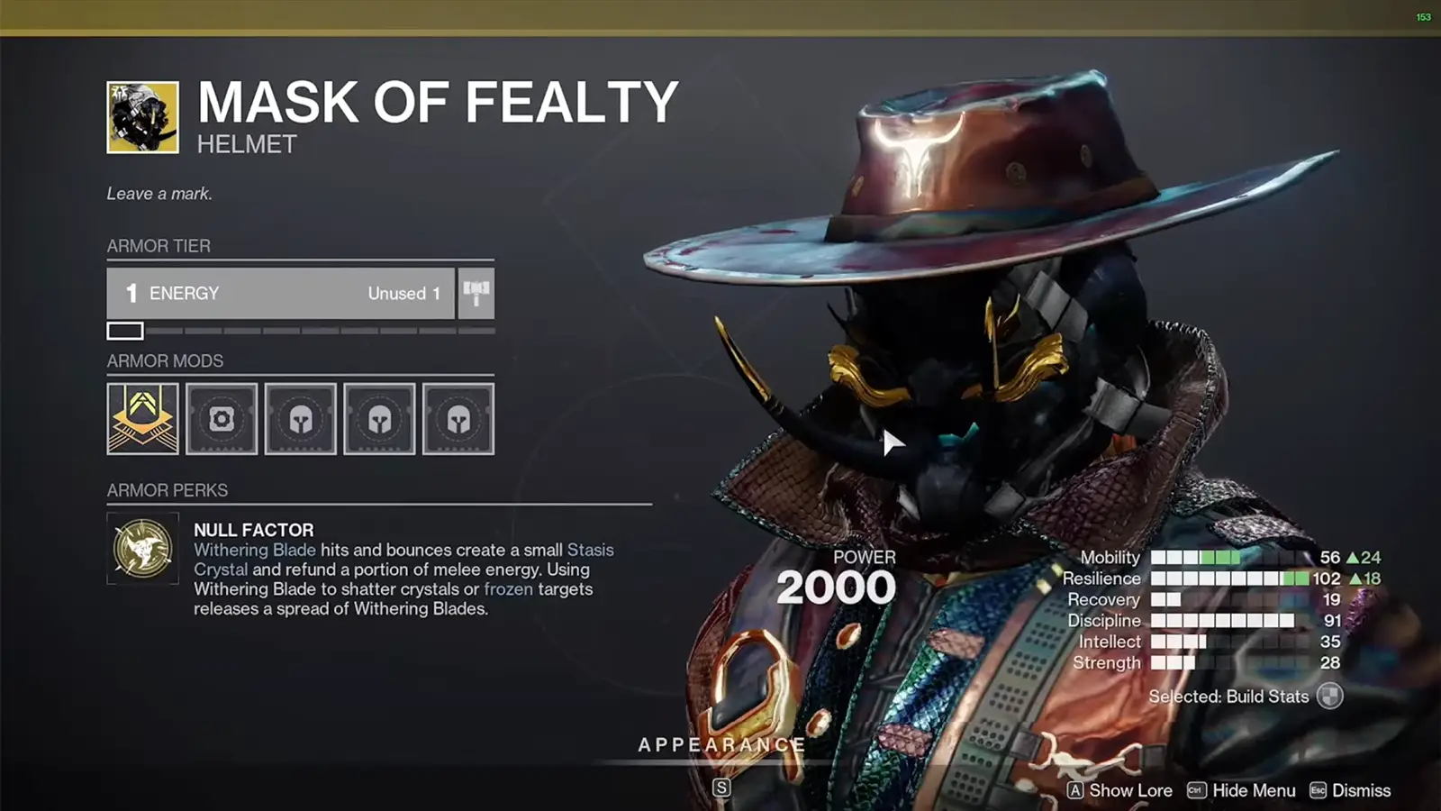 Destiny 2 Revenant: Mask of Fealty Hunter Exotic Helmet