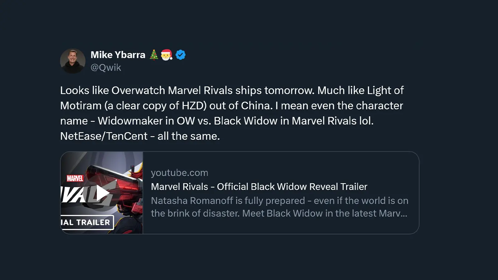 Ex-Blizzard President Calls Marvel Rivals "A Clear Copy" Of Overwatch, Points To Black Widow and Widowmaker Similarities