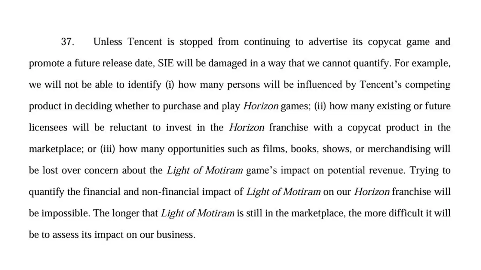 Sony Files Preliminary Injunction to Block Tencent’s Light of Motiram and Bar Use of a Red-Haired "Tribal Warrior Huntress" Resembling Aloy, Backed by Declarations From Guerrilla’s Studio Head, Horizon’s Composer, and a Top PlayStation Executive