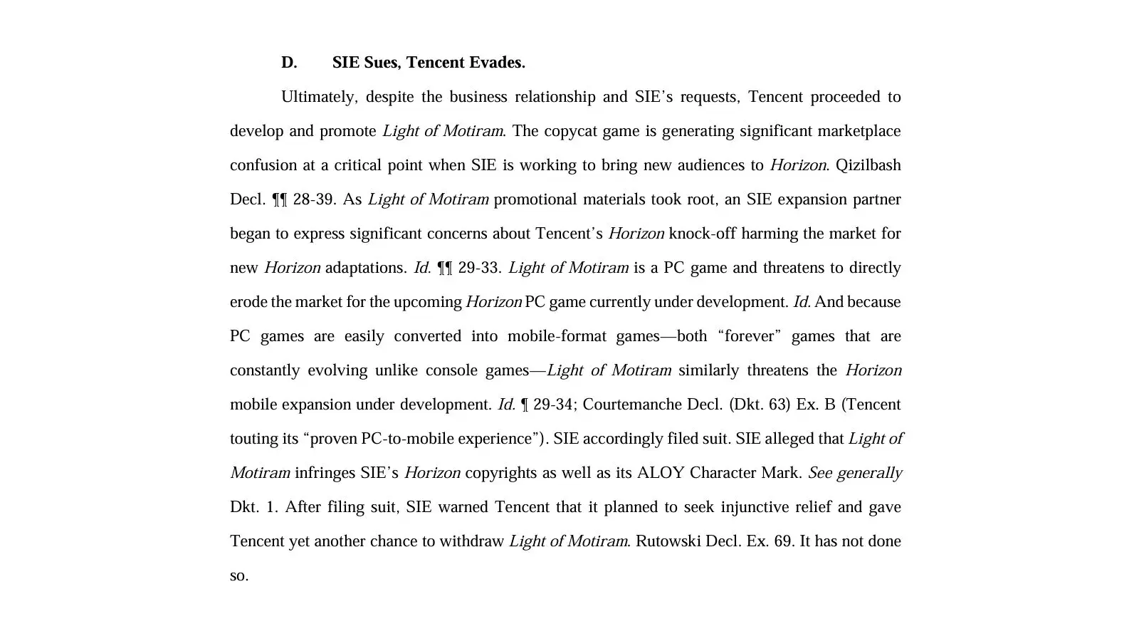 Sony Files Preliminary Injunction to Block Tencent’s Light of Motiram and Bar Use of a Red-Haired "Tribal Warrior Huntress" Resembling Aloy, Backed by Declarations From Guerrilla’s Studio Head, Horizon’s Composer, and a Top PlayStation Executive