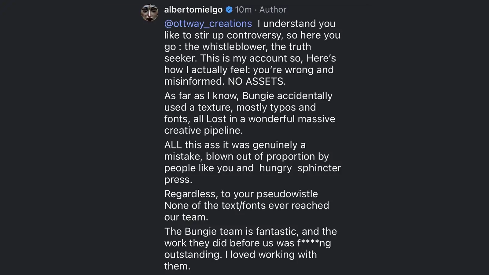 Alberto Mielgo defends the Marathon cinematic as "not AI," denies his team touched Bungie’s plagiarized material and calls the backlash a genuine mistake "blown out of proportion"
