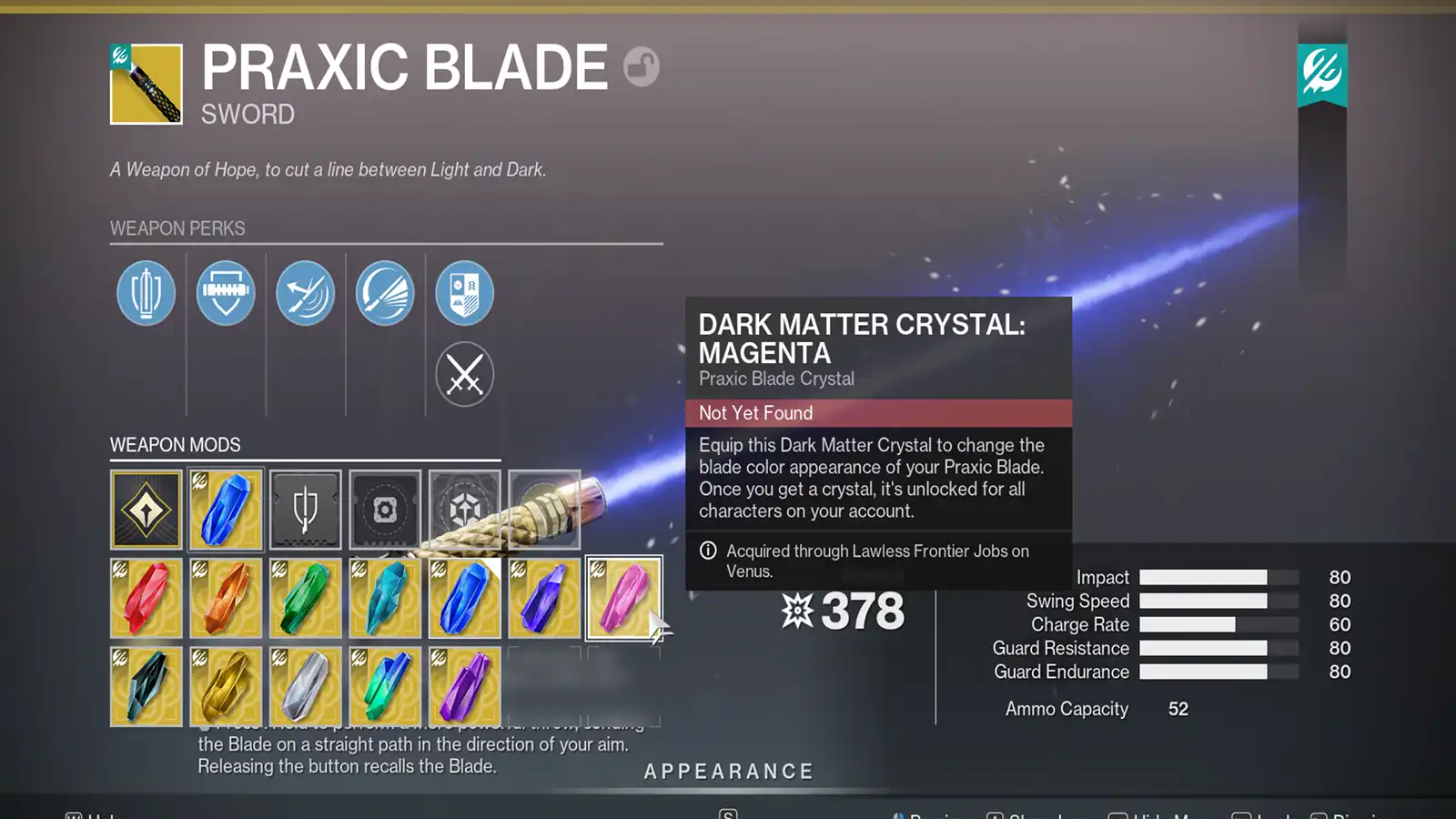 Destiny 2 Praxic Blade Dark Matter Crystals - All 12 Colors And How To Get Them