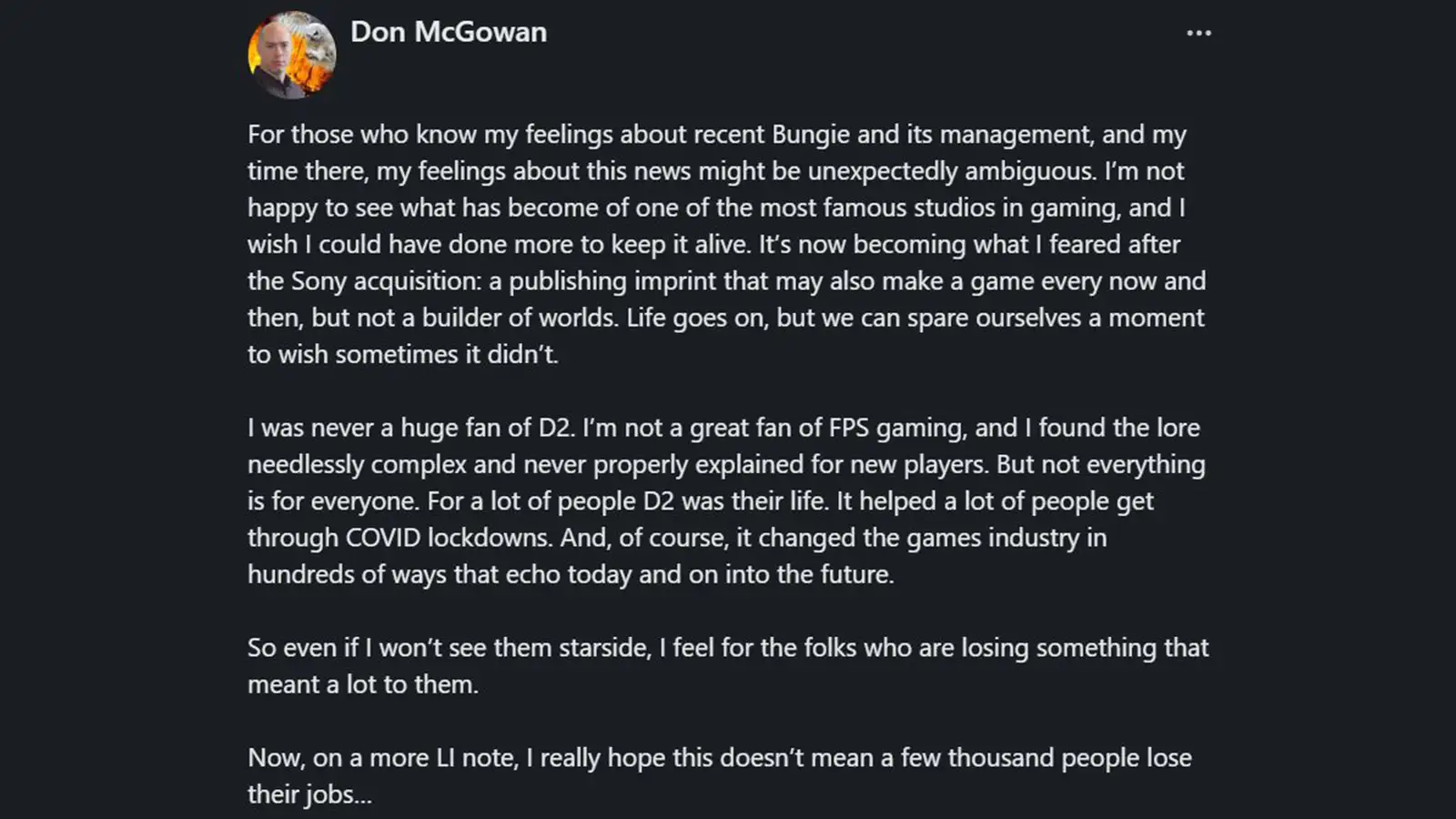 Former Bungie legal chief says Destiny 2’s live-service end shows the studio is becoming what he "feared" after Sony acquisition, "a publishing imprint," not a "builder of worlds": "I wish I could have done more to keep it alive"
