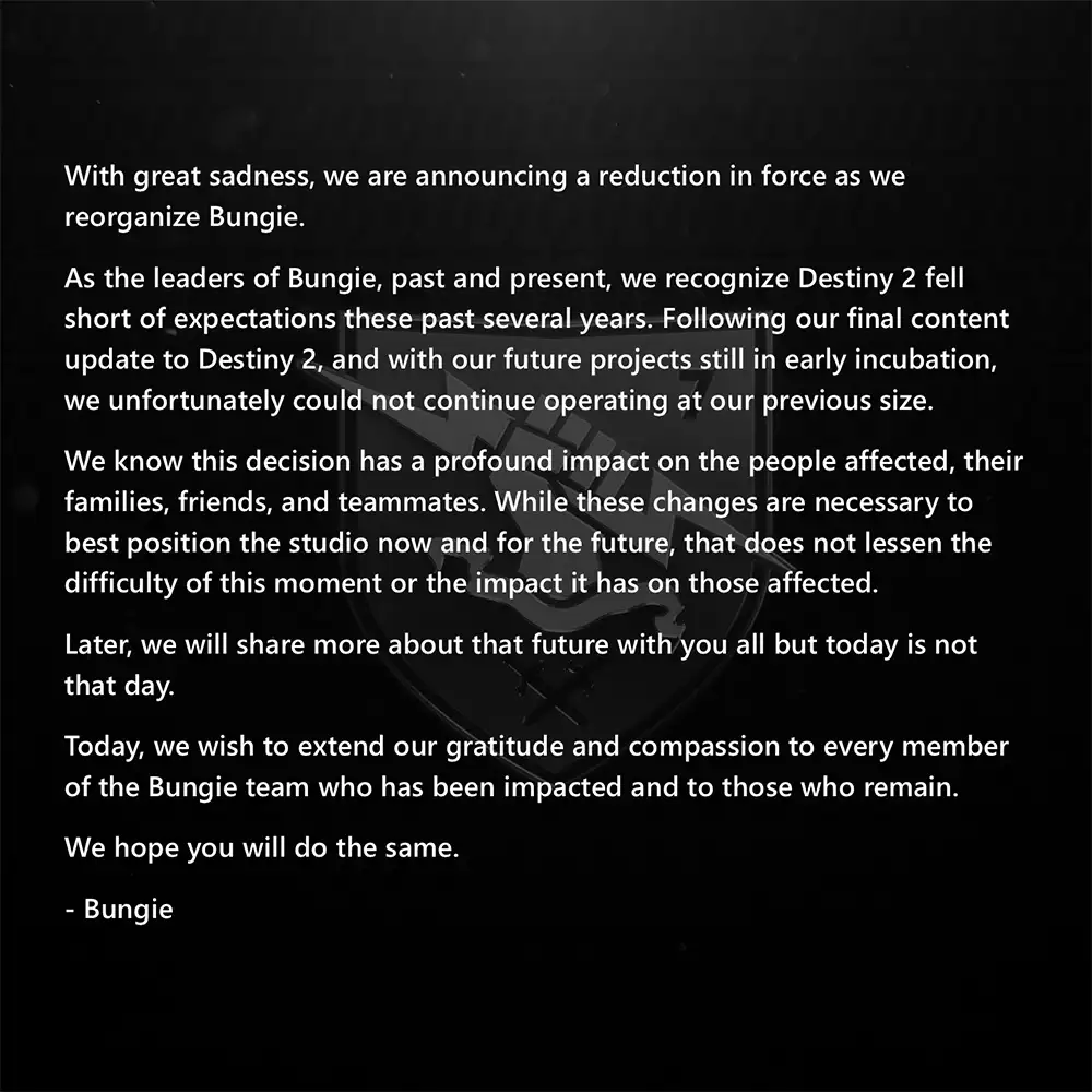 Bungie Announces Layoffs, Says Destiny 2 Fell Short of Expectations