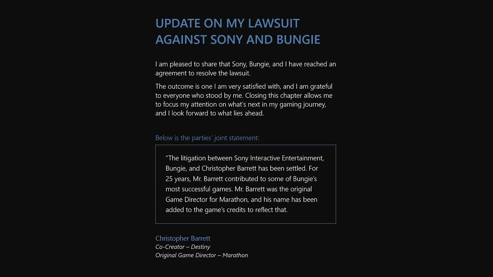 Chris Barrett’s $200 Million Lawsuit Against Sony And Bungie Ends With Settlement And Marathon Credits Update